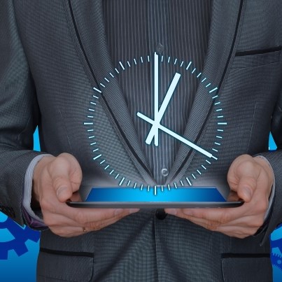 stylized image of person in a business suit holding out a tablet with a clock face hovering above it